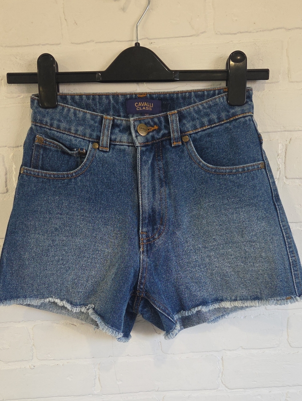 Cavalli Class Blue Denim Raw-Hem Jean Shorts